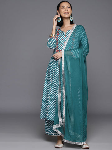 Varanga Women Turquoise Blue Lehariya Printed A-Line Kurta Paired With Tonal Bottom And Dupatta
